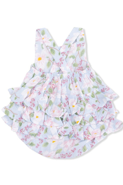 Floral ruffle sunsuit with V-neck straps and tiered skirt romper, pastel