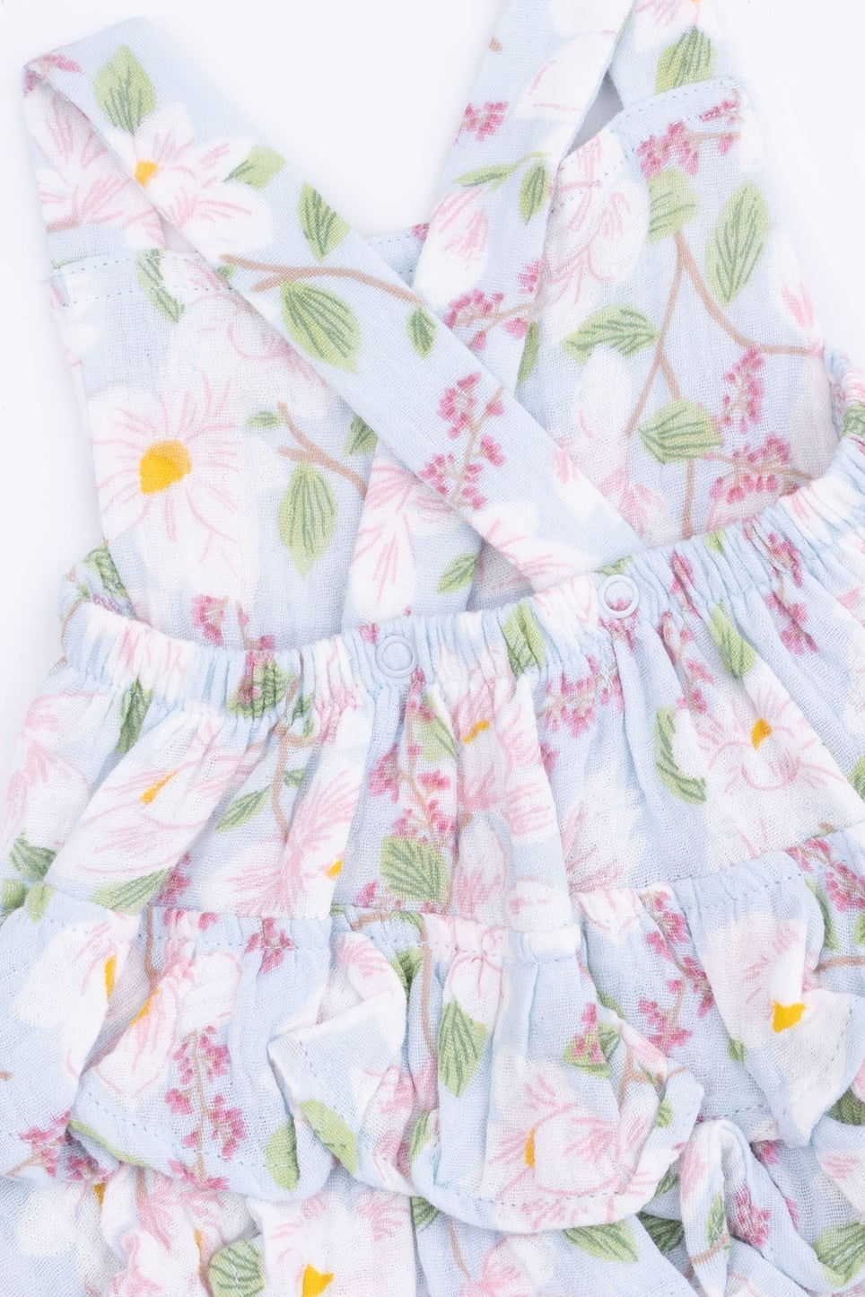 Floral ruffle sunsuit close-up with elastic waist and layered skirt tiers