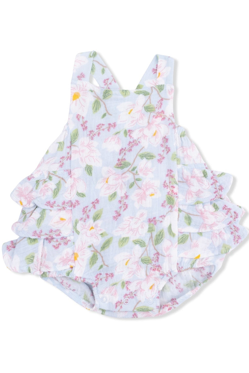 Floral ruffle sunsuit with V-neck straps and tiered ruffle shorts, pastel