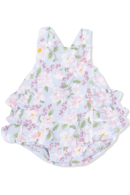 Floral ruffle sunsuit with V-neck straps and tiered ruffle shorts, pastel