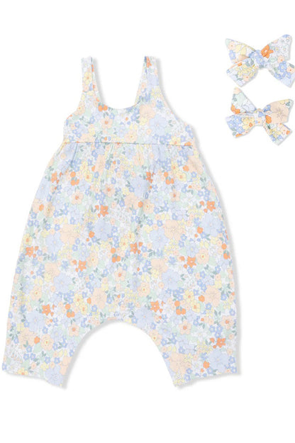Light blue floral tie-back romper with layered bodice and bow