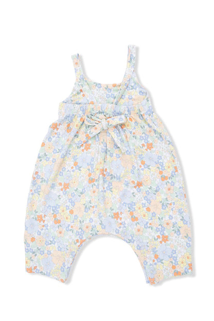 Pastel light-blue floral tie-back romper with tied back detail