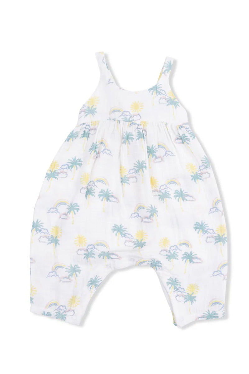 White tie-back romper with palm tree, rainbow and sunshine print