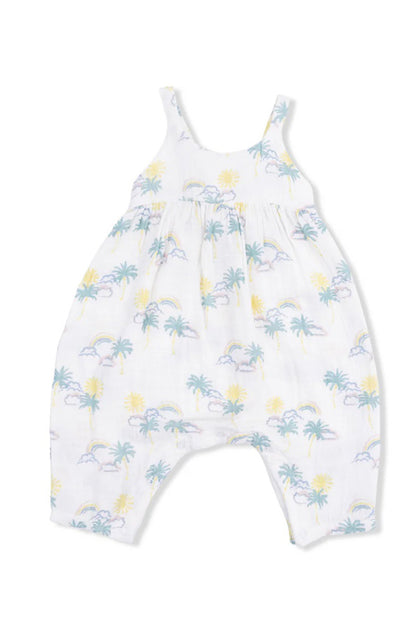 White tie-back romper with palm tree, rainbow and sunshine print