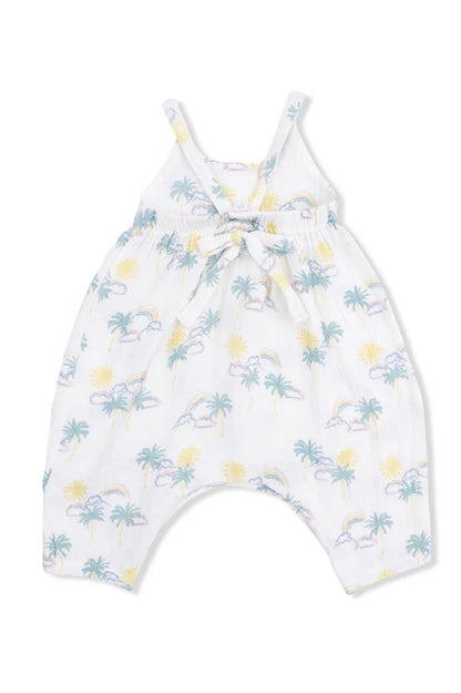 White tie-back romper with gathered tie at back, palm rainbow and sunshine print