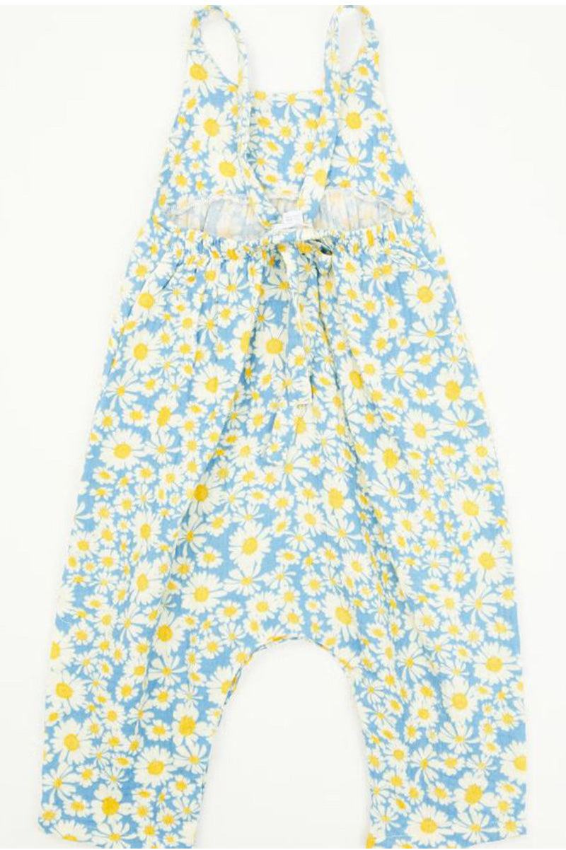 TIE BACK ROMPER niebieski w żółte stokrotki, rozszerzane nogawki, gumka w pasie