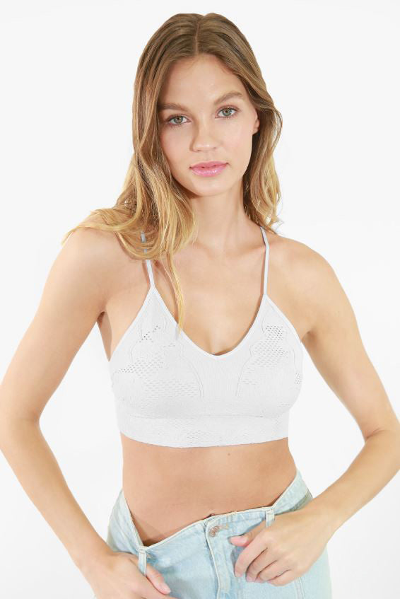 Lace embroidered vneck bralette in white