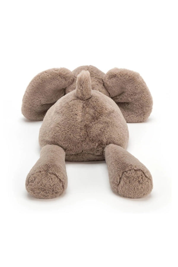 SMUDGE medium plush elephant in taupe, curled with front legs together