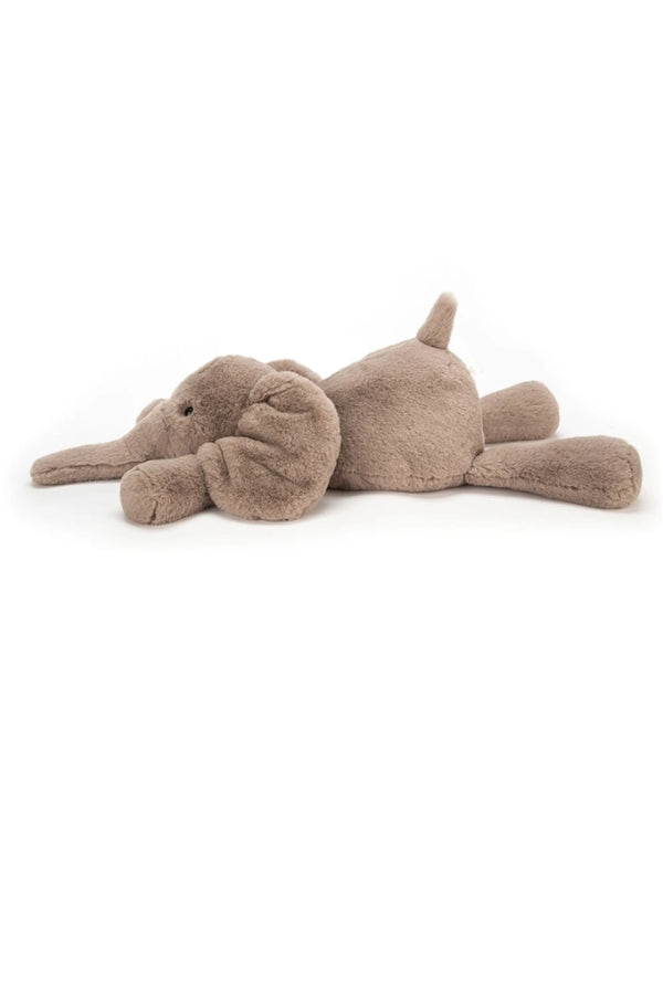SMUDGE medium plush elephant in taupe, stretched out with one leg forward