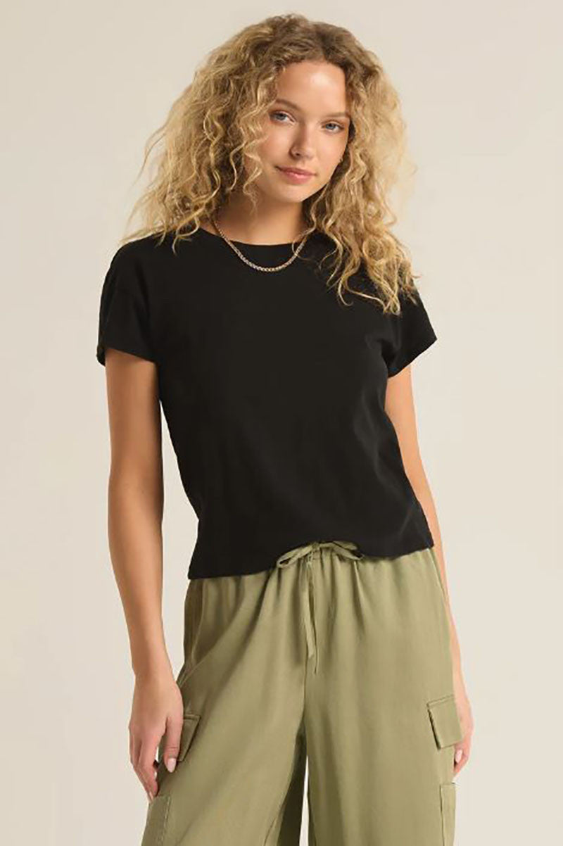 Modern slub tee in black front view