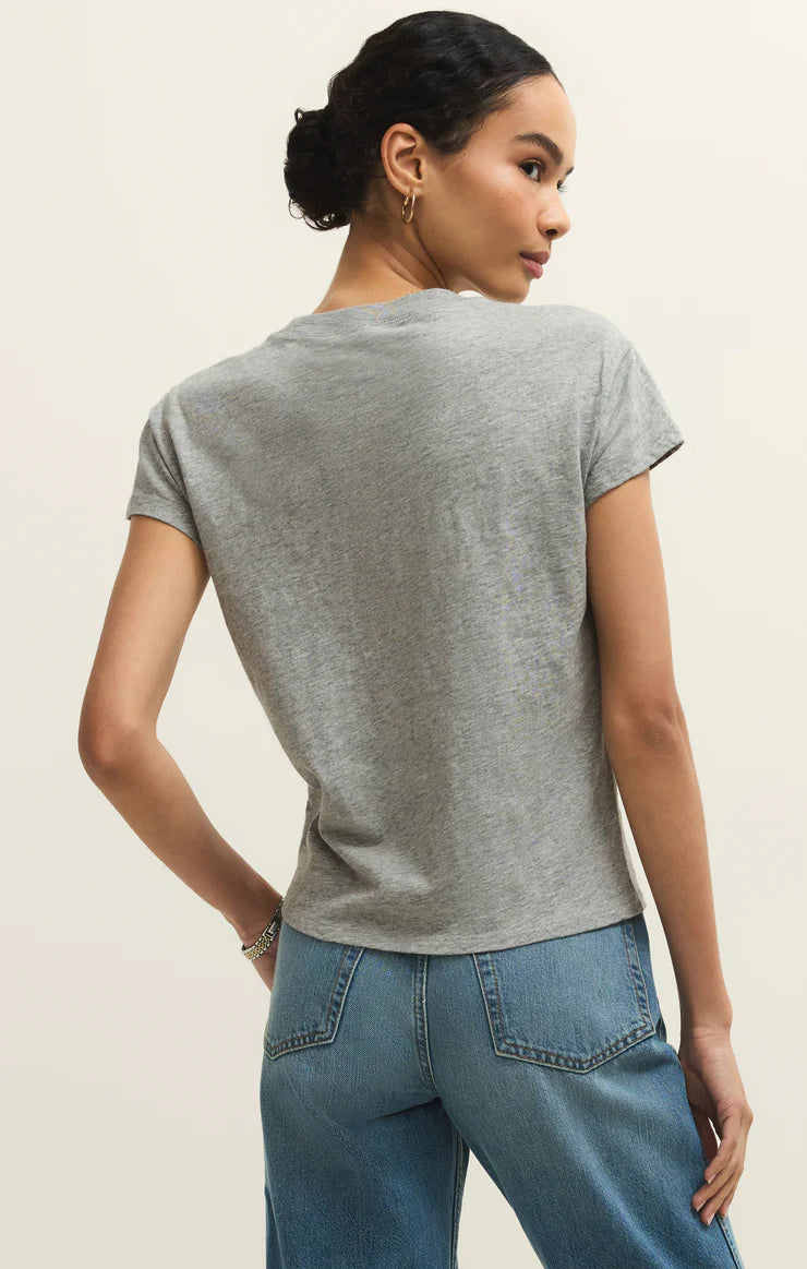 Back view: Classic HTR Grey slub tee with crewneck and short sleeves