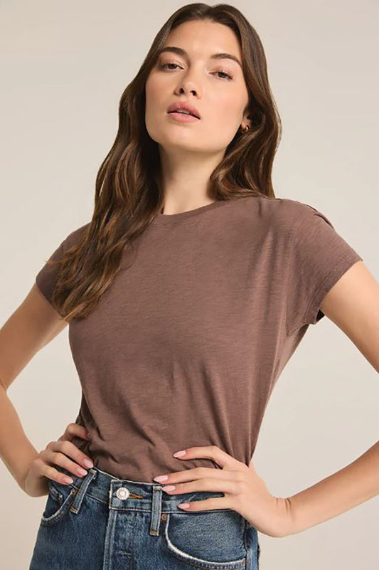 Modern slub tee in deep taupe front view 