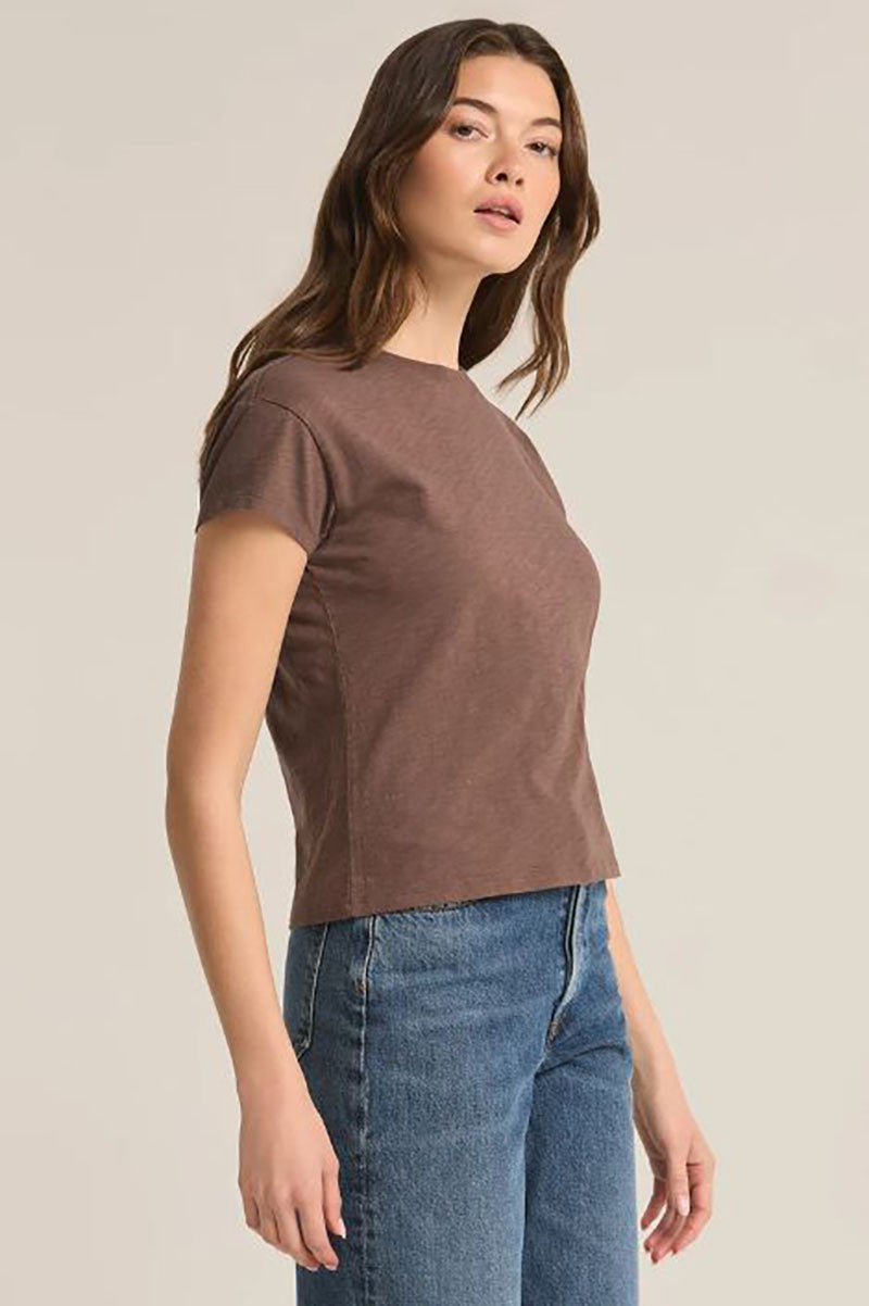 Modern slub tee in deep taupe side view 