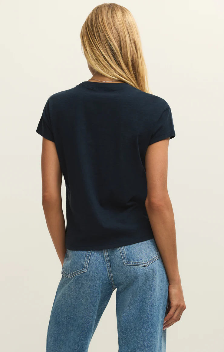 Eclipse slub tee, back view in dark navy with crewneck and short sleeves