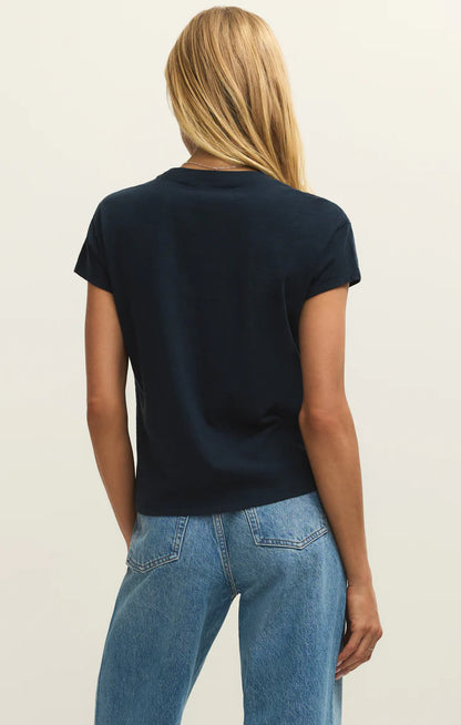Eclipse slub tee, back view in dark navy with crewneck and short sleeves
