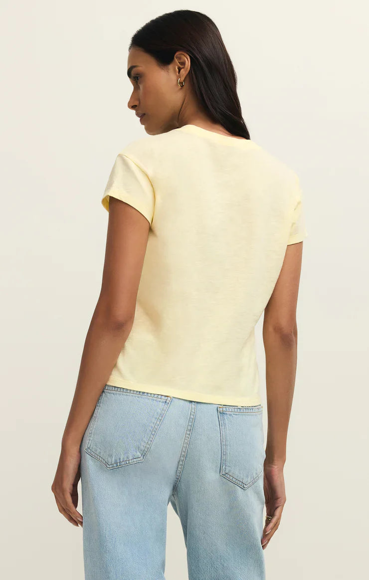 Pineapple slub tee, back view in light yellow with crewneck and short sleeves