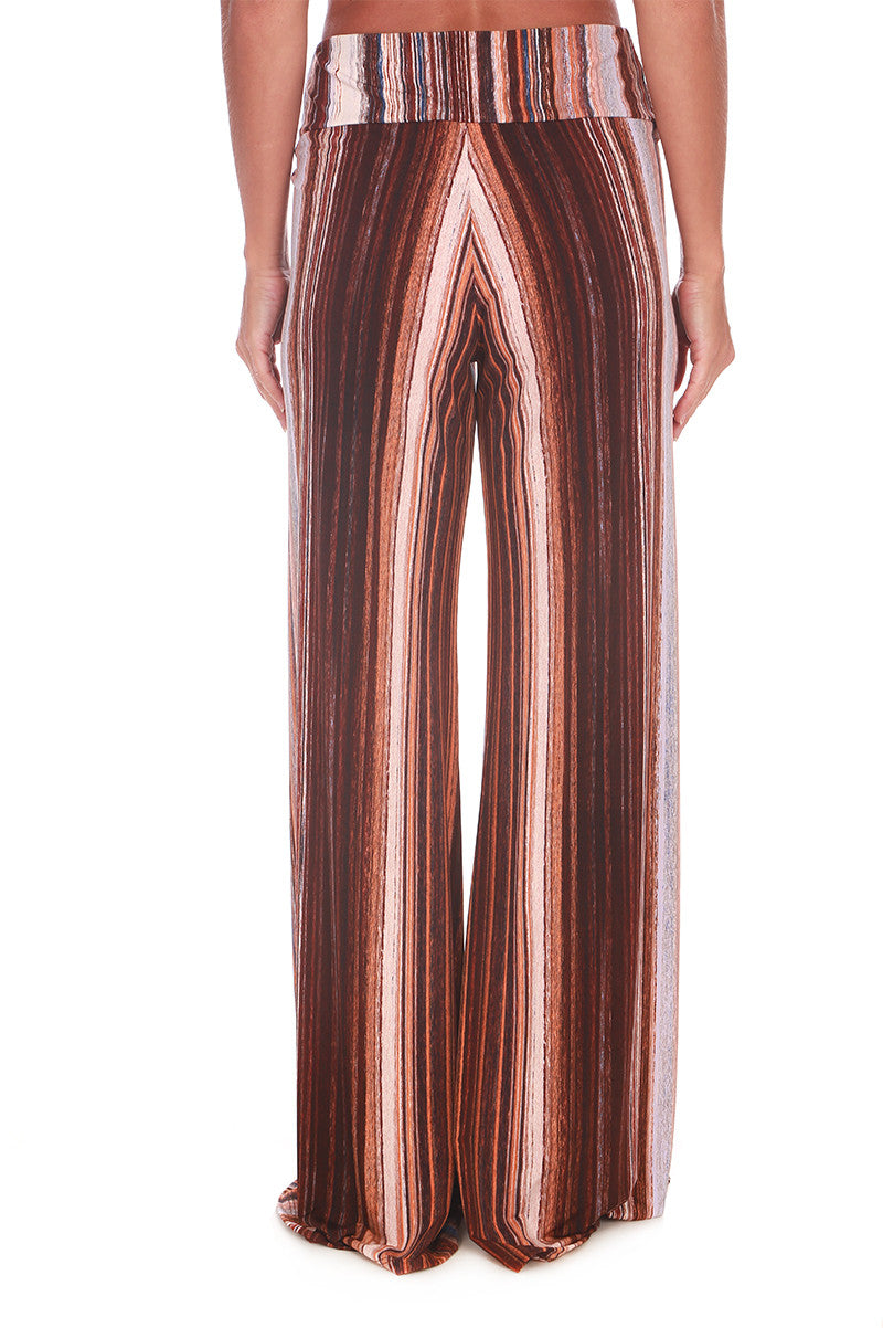 Wide-leg pants, vertical stripe pattern with center slit detail, rust brown and cream