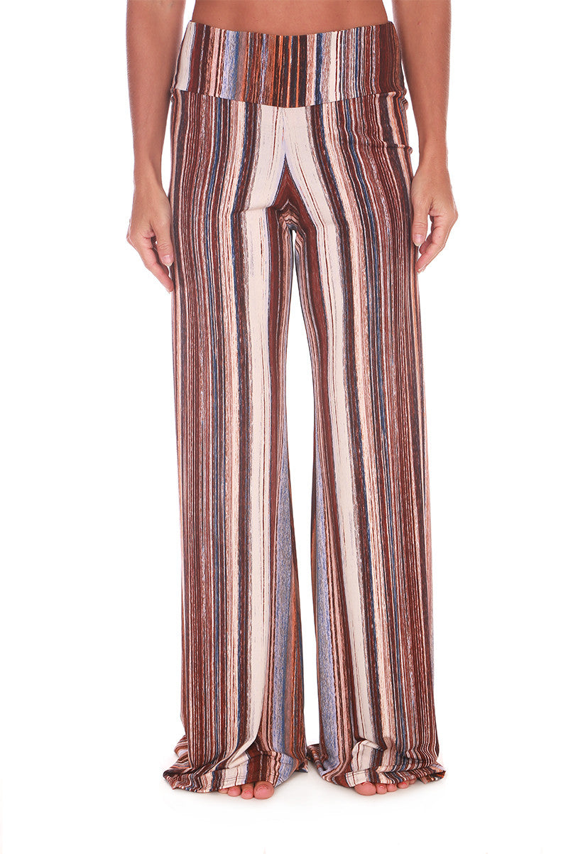 High-rise wide-leg pants with vertical stripes, elastic waistband, rust and cream