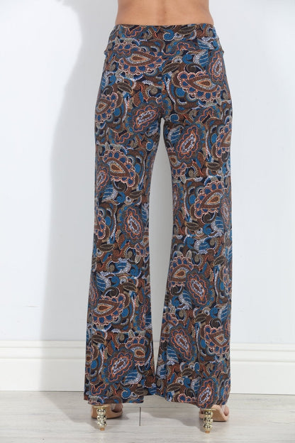 Wide-leg paisley pants, full-length flare with elastic waistband, blue/rust print