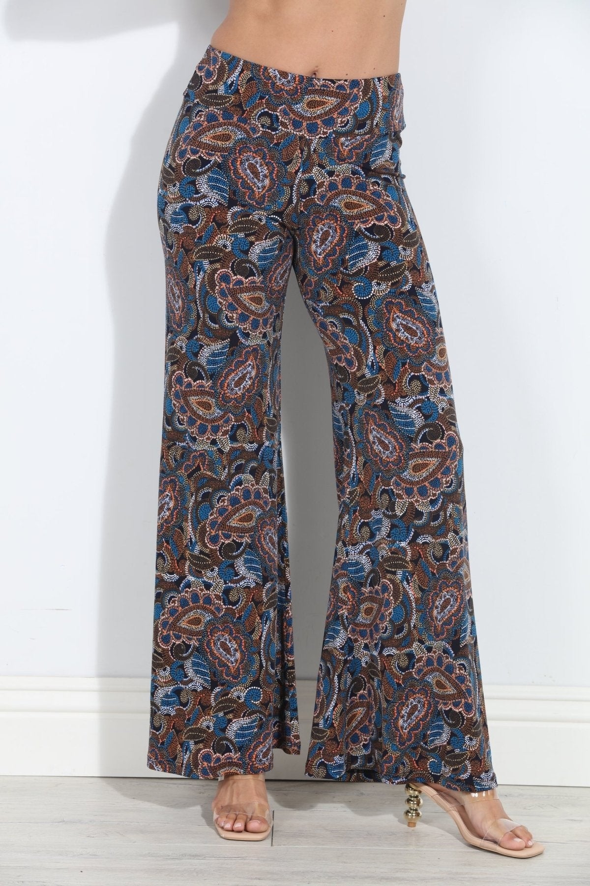 Wide-leg paisley pants with blue base and rust pattern, straight flared leg