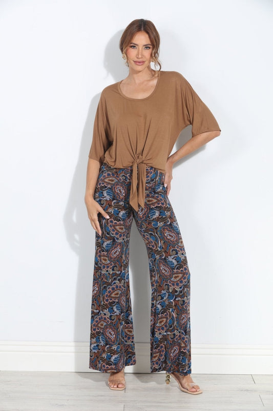 Wide-leg paisley pants, blue and rust tones, flowy wide legs
