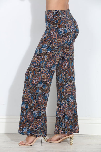 Wide-leg paisley pants in blue with rust and tan motifs, full length flare