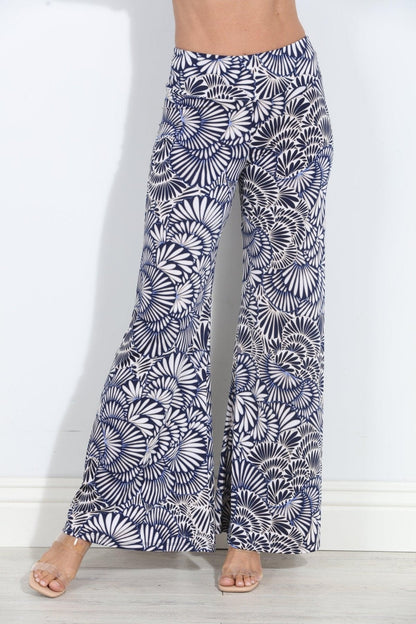 Wide-leg pants with all-over navy-and-white fan floral print, relaxed flared fit