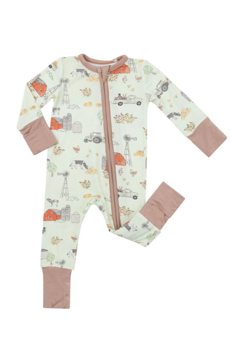 Printed zipper onesie in hay farm