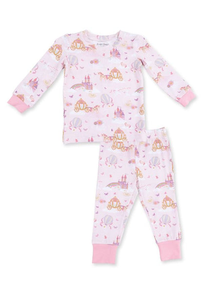 A two-piece pajama set featuring a long-sleeve top and matching pants in light pink, decorated with a whimsical print called 'princess unicorns' in soft pastel colors. The pajamas have solid pink ribbed cuffs and hem.