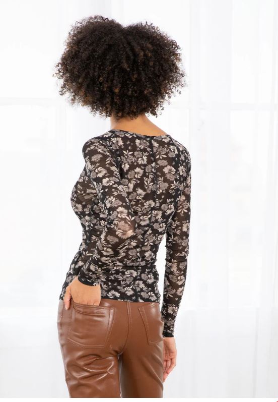 Sheer mesh bodycon floral top in black natural back view