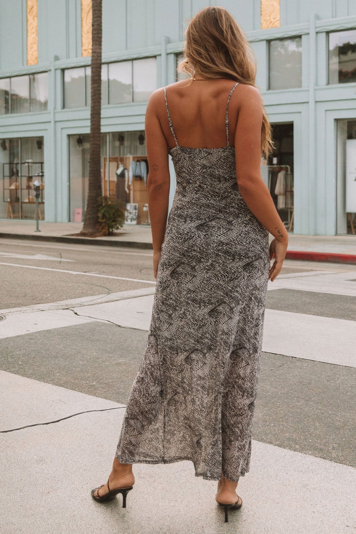 Print lace maxi dress with spaghetti traps in cream black back view