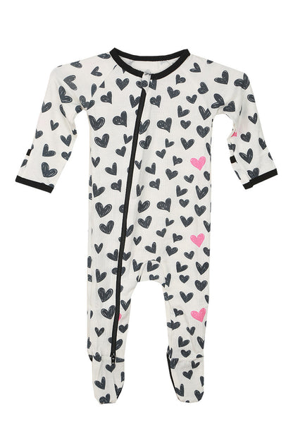 Printed footie onesie white with black hearts