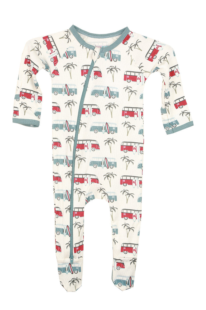 printed footie onesie in beige boards busses