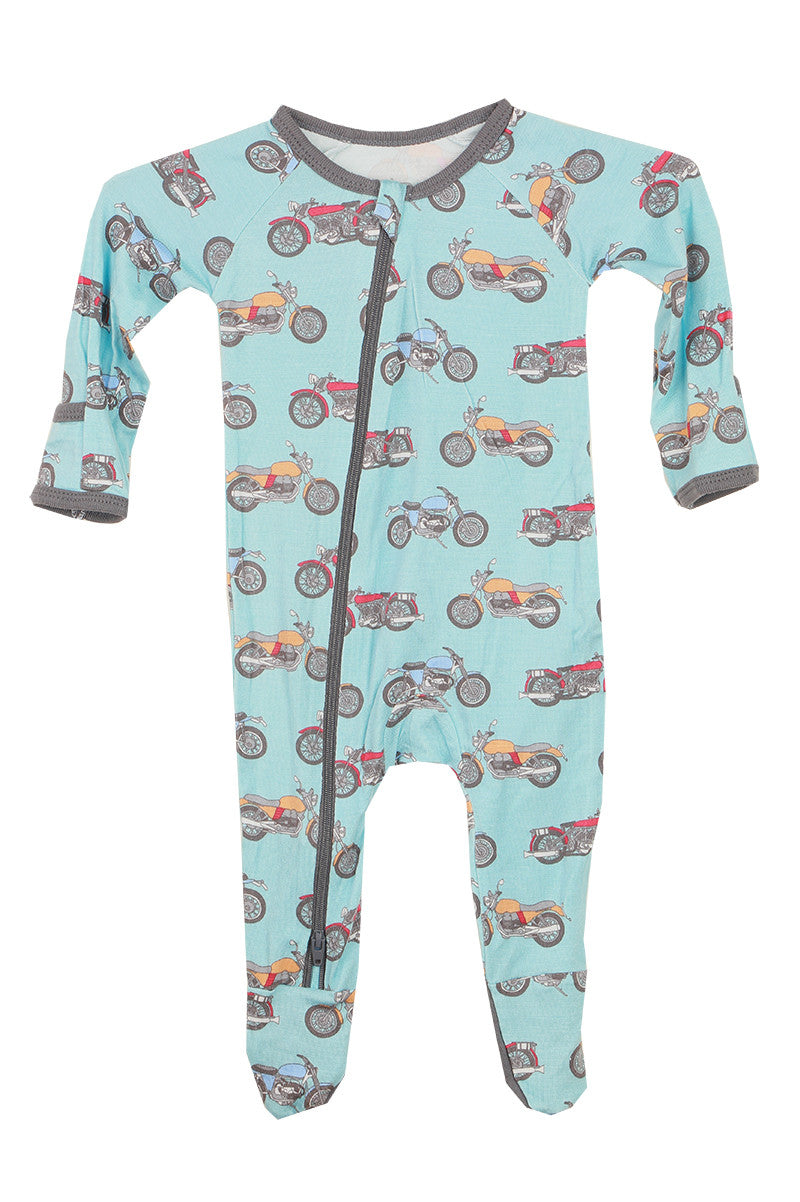 Printed footie onesie in motorcycle blue