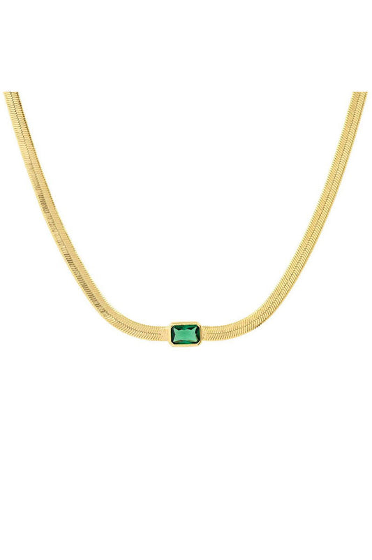 gold herringbone chain necklace with green stone