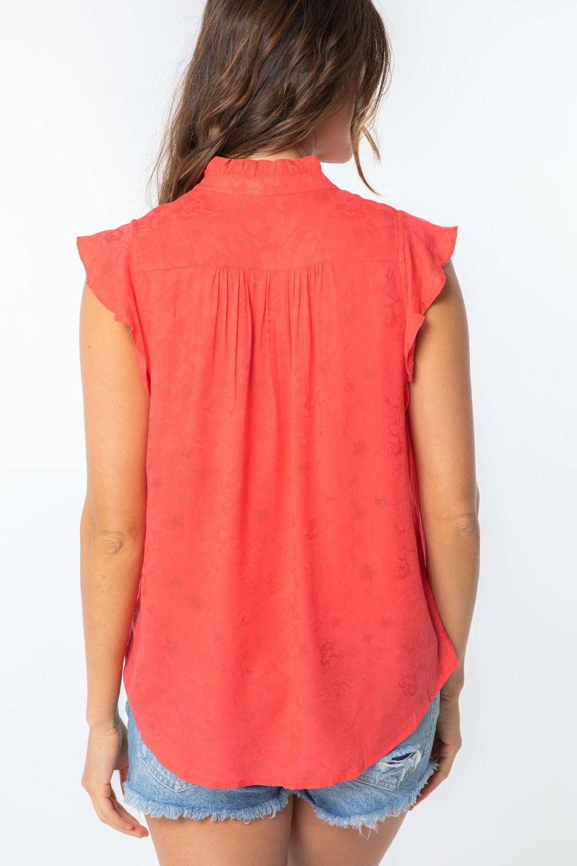 Hot coral back view flutter-sleeve top with pleated yoke