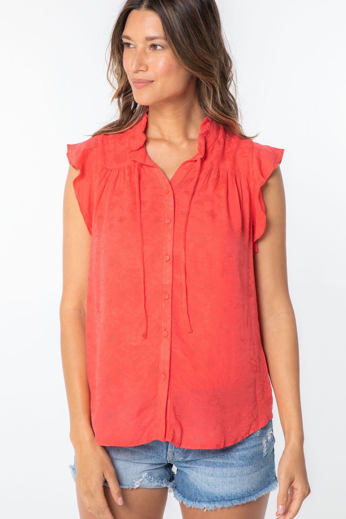 Hot coral flutter-sleeve top with button front and ruffled neckline