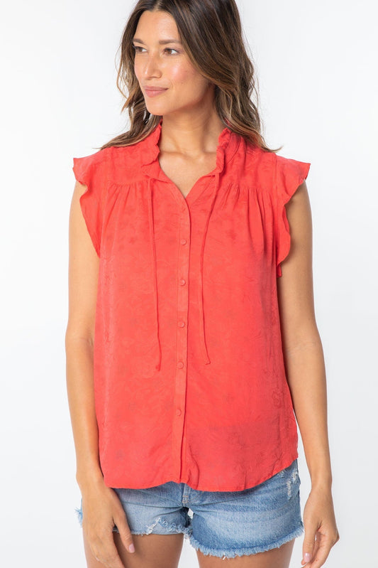 Hot coral flutter-sleeve top with button front and ruffled neckline