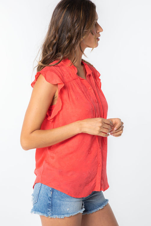 Hot coral flutter-sleeve top with button placket and gathered yoke