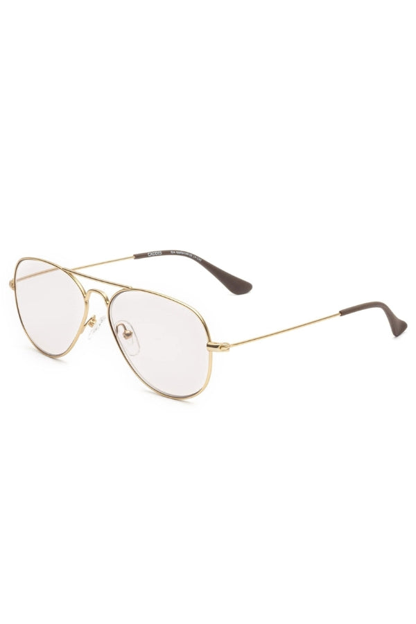 Gold-framed eyeglasses on a white background