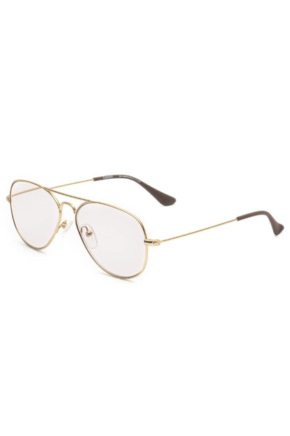 Gold-framed eyeglasses on a white background