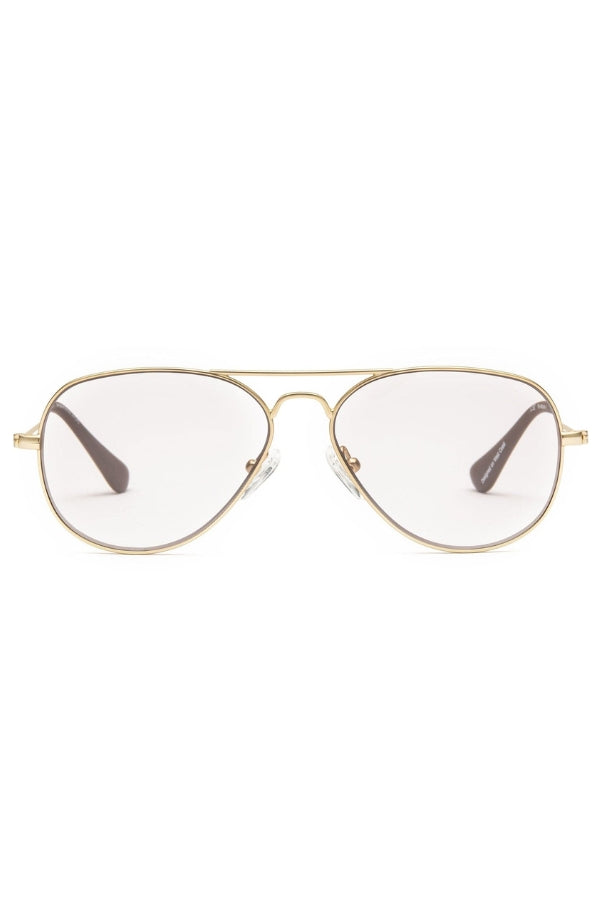 Gold-framed eyeglasses on a white background