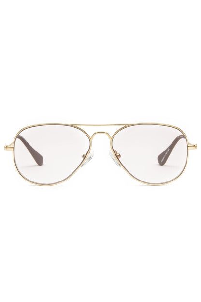 Gold-framed eyeglasses on a white background