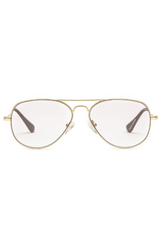 Gold-framed eyeglasses on a white background