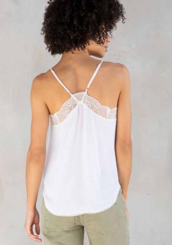 Silk crepe lace trim tank top in chalk back view