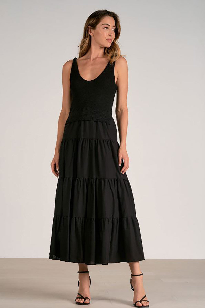 Woven and Knit maxi dress in black front view