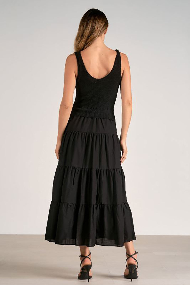 Woven and Knit maxi dress in black back view