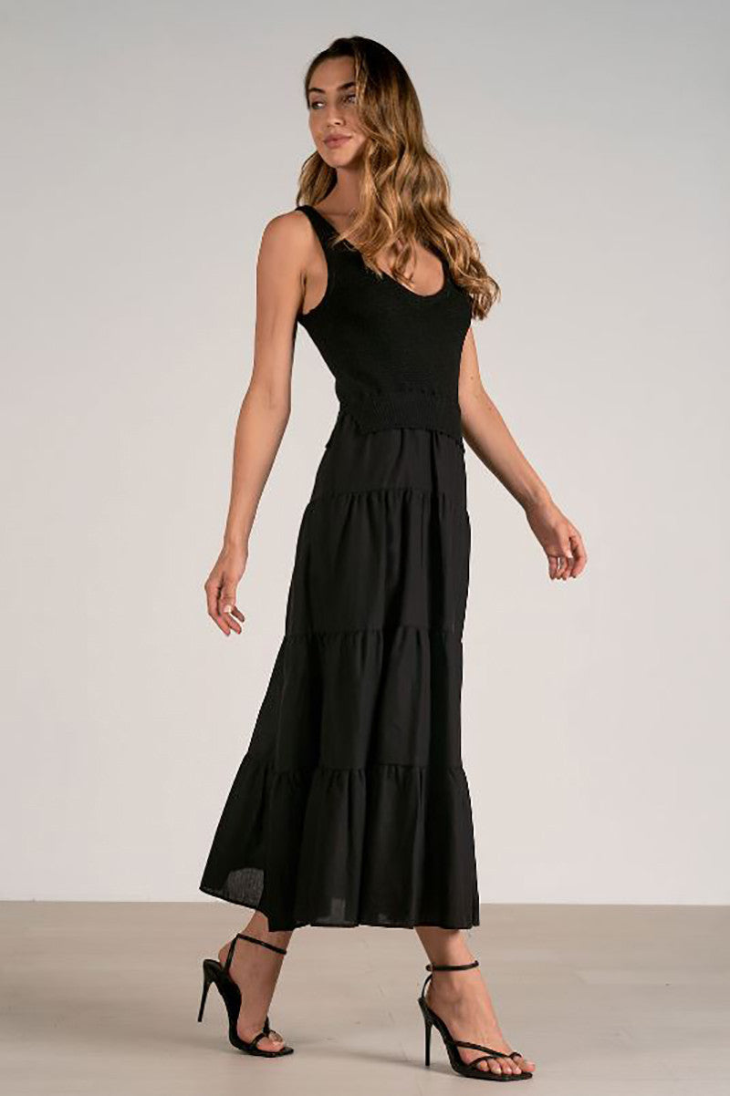 Woven and Knit maxi dress in black side view