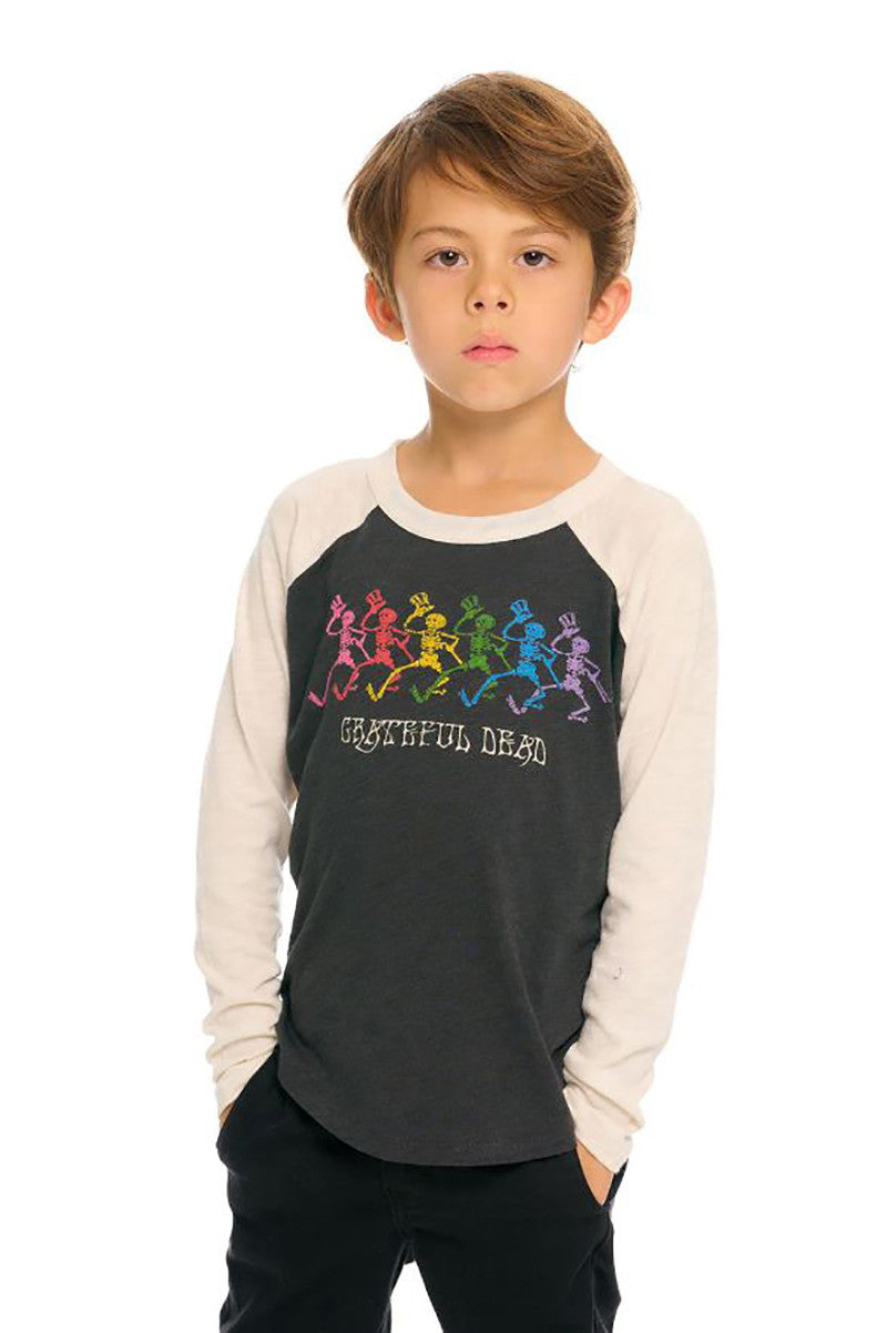 Grateful dead long sleeve baseball tee in Vintage Black and Au Lait, ivory front view