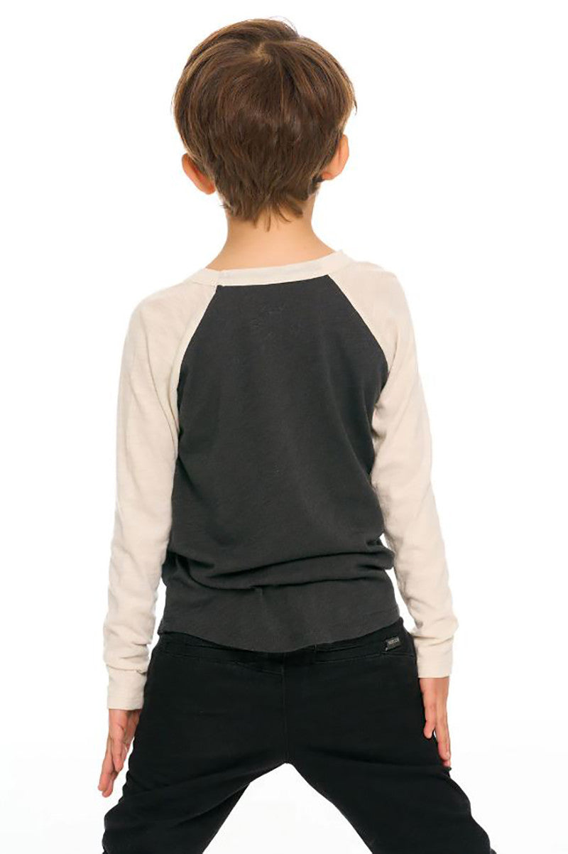 Grateful dead long sleeve baseball tee in Vintage Black and Au Lait, ivory back view